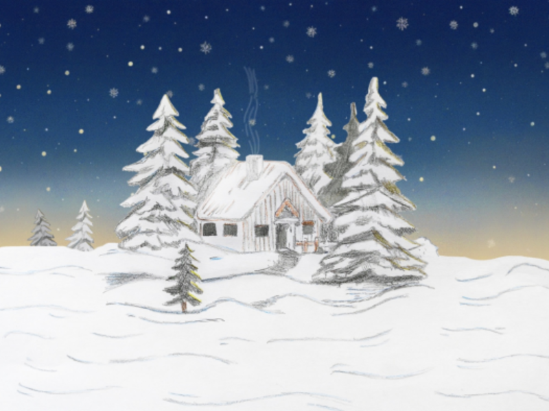 gemalte Schneelandschaft mit Haus und Tannenbäumen nach der Vorlage von Nora Müller